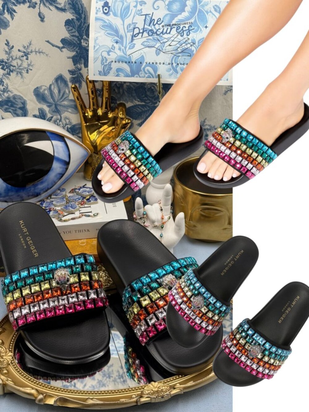 🆕 KURT GEIGER LONDON 🧿 NWOB Meena Eagle Jewel Sandal, Black Rainbow, Sz 36 US6